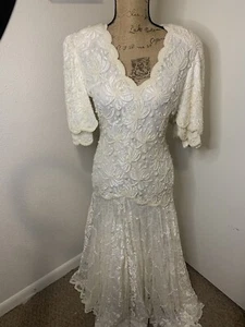   Vintage Laurence Kazar 1980’s Long Ivory Beaded Lace Dress  - Picture 1 of 16
