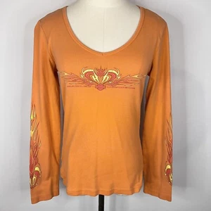 HARLEY DAVIDSON Orange V-Neck Flame Long Sleeve Graphic Shirt Large - Picture 1 of 9