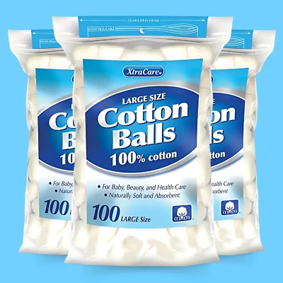 Bolas de algodón XtraCare tamaño grande - 100 % algodón puro, - 100 unidades (paquete de 3) Foto 1 de 4