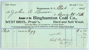 Ephemera BILLHEAD QUITTUNG Binghamton Coal Co 2/1 1905 New York West Bros - Bild 1 von 2