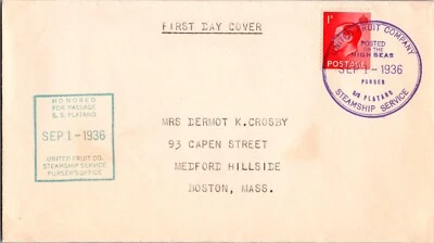 1936 UK Stamp SS Platano United Fruit UFC First Day Cover To USA Boston MA FDC - Image 1 of 2