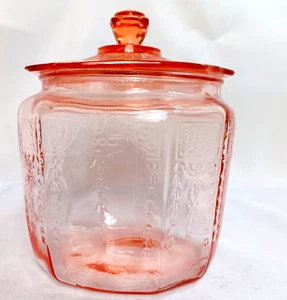Biscuit Cookie Jar Princess Pattern Vintage Pink Anchor Hocking Depression Glass - Picture 1 of 9