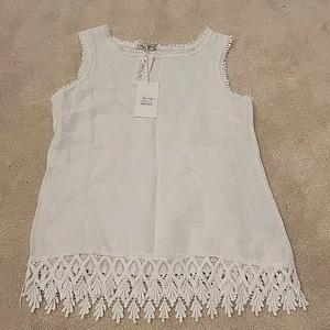 Camiseta sin mangas Valentina Naldi Italia de lino para mujer talla pequeña con ojales dobladillo de encaje BLANCA NUEVA CON ETIQUETAS - Imagen 1 de 12
