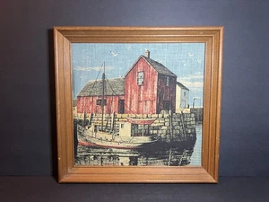 Vintage Nautical Wooden Framed Dockside Fishing Boat Cove Linen Wall Art Print - Picture 1 of 6