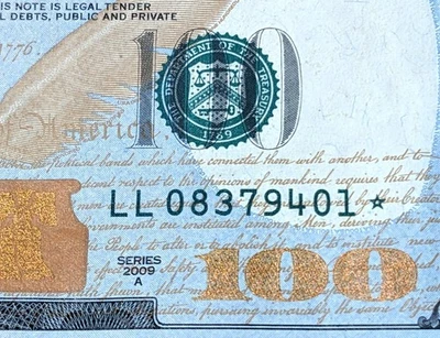 US $100 Dollar Bill Replacement ✯Star✯ Note Series 2009 A. LL 08379401 ⭐ - Image 1 of 4