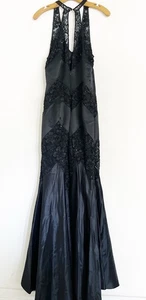 Kay Unger maxi abito formale seta 12 nero pizzo raso perline matrimonio ballo sirena - Foto 1 di 8