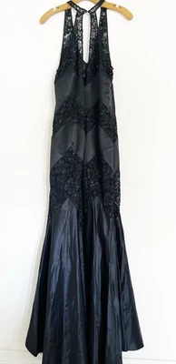 Kay Unger Maxi Formal Silk Dress 12 Black Lace Satin Beads Wedding Prom Mermaid - Image 1 of 4