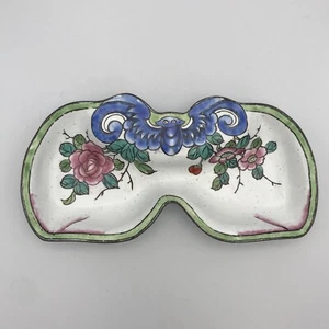 VTG Chinese Hand Paint Enameled Copper Double Sided Eyeglass Dish Good Luck Bat - Picture 1 of 7
