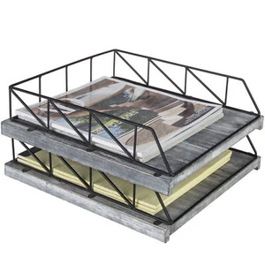 MyGift 2er Set Vintage grau Holz & schwarz Metall stapelbare Dokumentenablagen - Bild 1 von 7