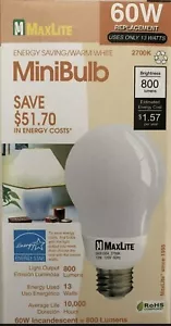 Maxlite Mini Globe Energiesparglühbirne 60W Ersatz 10000 Std A19 Neu - Bild 1 von 1