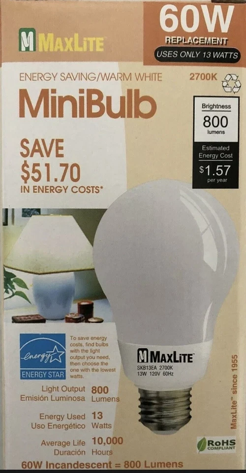 Maxlite Mini Globe Energy Saving Light Bulb 60W Replacement 10000 Hrs A19 New - Image 1 of 1