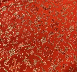 Red Gold Metallic Church Cross Brocade Fabric 60” Width Sold By The Yard - Picture 1 of 4