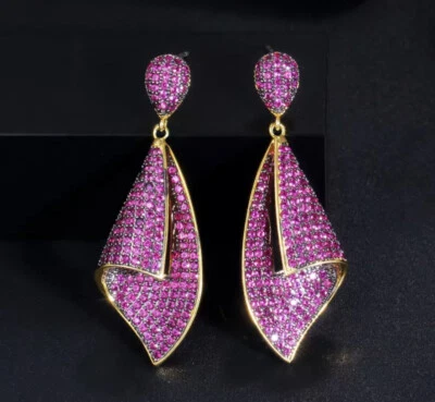 Pendientes colgantes de zafiro rosa enchapados en oro de 18k creados en laboratorio joyas de Navidad regalo Foto 1 de 4