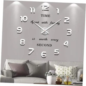 Frameless DIY Wall Clock 3D Mirror Wall Clock Large Mute Wall Stickers Silver - Picture 1 of 7