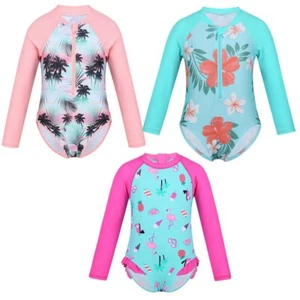 Kids Baby Girls One-piece Long Sleeves Swimsuit Swimwear Bathing Suit Rash Guard - Picture 1 of 22