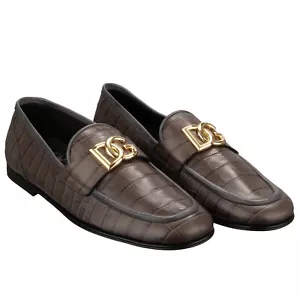 DOLCE & GABBANA DG Logo Croco Leather Shoes Loafer Moccasins Gray 43 UK 9 US 10 - Picture 1 of 7