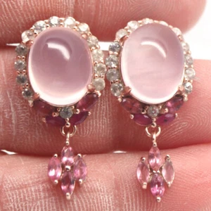 Gemstone 10 x 12 mm. Pink Rose Quartz, Sapphire, & Zircon Earrings 925 Silver - Picture 1 of 4