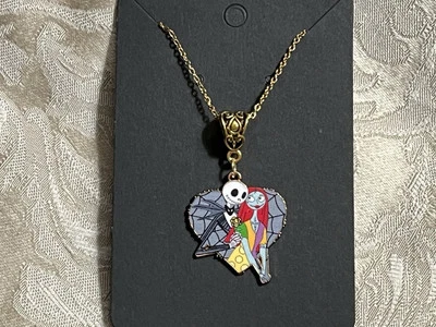 Jack Pumpkin Skeleton Zero Sally Nightmare Halloween Charm Gold Necklace 18” - Image 1 of 2