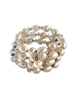 Vintage Faux Pearl and Crystal Bead Three Row Coil Bracelet - Picture 1 of 4