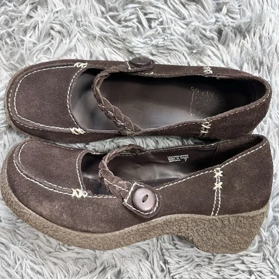 CAJA AMARILLA Mocasines Gerusha Para Mujer 7 Mary Jane Tacones de Cuña Marrón Gamuza Cuero Foto 1 de 4