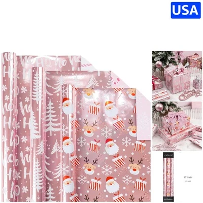 优雅双面粉红色圣诞包装纸 - 3 迷你卷 17 x 120 — 第 1/4 张图片
