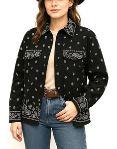VTG Quacker Factory L Black Bandana Paisley Western Jacket Y2K Cowgirl Rodeo - Picture 1 of 8