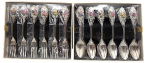 Vintage Vorspeise Gabel Löffel Set Blumen Griffe Edelstahl Japan New Old Stock - Bild 1 von 16