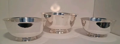 Oneida Paul Revere reprodução prato prata tigelas pés 10" & 8" conjunto de 3 - Imagem 1 de 4