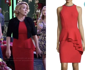 Carmen Marc Valvo Jeweled Neck Red Peplum Sheath Dress Size 12 Retail $590 - Picture 1 of 9