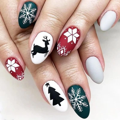 Christmas Press on Nails Medium Almond Fake Nails Red Green Glossy Acrylic False - Image 1 of 4
