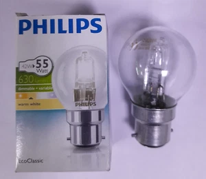 1x 42W (=55W) Philips Clear Round Golf Eco Halogen Light Bulb Bayonet Cap B22 BC - Picture 1 of 2