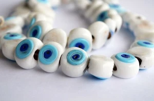 10 Pcs Lampwork White Evil Eye Beads From Turkey Handmade Glass Evil Eye Beads  - Picture 1 of 7