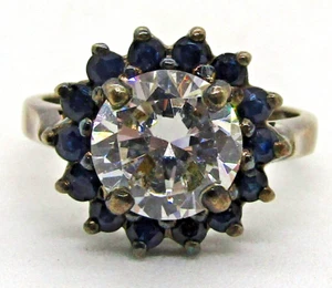 Anello vittoriano quarzo bianco zaffiro blu a grappolo argento sterling 925 misura 6,5 - Foto 1 di 8
