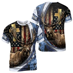 Custom Name Hunting Deer Design American Flag Cross Hunting Men's T-Shirt S-5XL - Picture 1 of 4