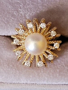 14K Yellow Gold 9mm Pearl .50 carat Diamond Cocktail Ring 11 Grams Size 4.5 - Picture 1 of 8