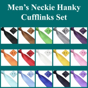Men's Grid Pattern Tie Hanky Cufflinks SET Formal Wedding Wear Pocket Square - Picture 1 of 16