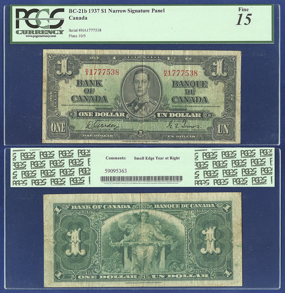 CANADA 1 DOLLAR 1937 HA NARROW PANEL PCGS CURRENCY FINE 15 - Image 1 of 1