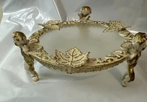 Vintage Ormolu White-Over-Gold Brass Candy Dish w/ Cherubs & Frosted Glass - Picture 1 of 22