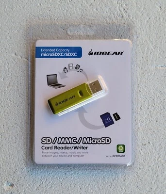 Iogear GFR204SD Flash Card MicroSD/SD/MMC Reader/Writer USB 2.0 New Sealed.  - Image 1 of 4