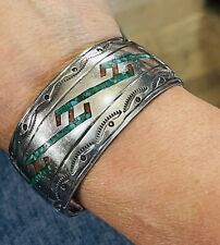 Signed Navajo Turquoise Coral Chip Inlay Sterling Silver Cuff Bracelet 65g