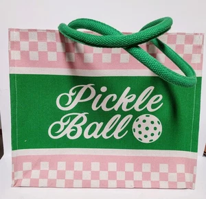 Pickle Ball Tote Bag Canvas Excellent Used Condition Pink Green Cream Checkered - Picture 1 of 9
