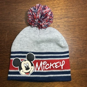 Disney Mickey Mouse Beanie Toque Teen/Adult One Size Gray Blue Red Acrylic Pom - Picture 1 of 6
