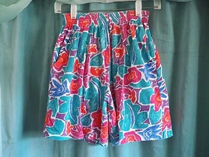 VTG 80s 90s Segrets Sun Prints Blue Pink Retro Cotton Floral Elastic Shorts Sz S - Picture 1 of 4