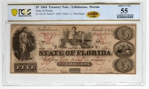 FL-26 CR-34 1864 $5.00 Florida Paper Money - PMG About Uncirculated 55 - CHOICE! - Picture 1 of 2
