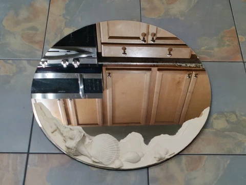 Vintage 80s Beach House Sea Shells 30" Round Mirror Artist Dina Cover