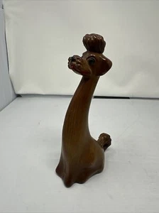Vintage Signed Wooden French Poodle Brown with Green Eyes 8 1/4 inches - Picture 1 of 9