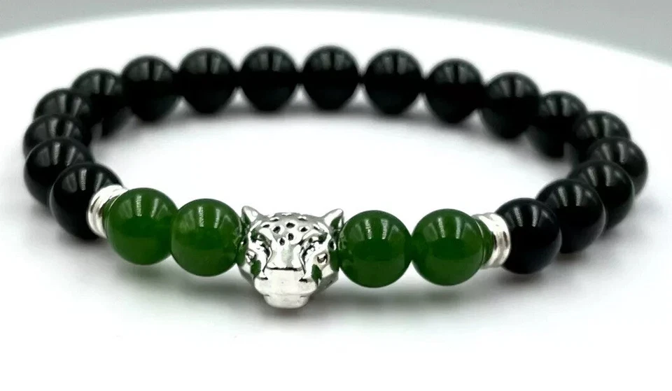 Pulsera Hombre Pantera Jade Verde Natural, Piedra Obsidiana Negra (8mm) Foto 1 de 3