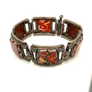 Antique Sterling Silver Red Agate Stone Panel Hinge Link Pin Lock Bracelet sz 7 - Picture 1 of 10