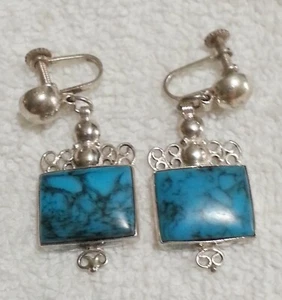VINTAGE GUADALAJARA MEXICO STERLING TURQUOISE SRCEW BACK EARRINGS - Picture 1 of 6