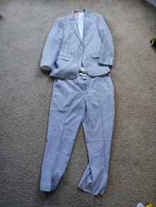 NWT Alberto Nardoni Blue White Sz L Single Breasted Suit And Pants Seersucker - Picture 1 of 5